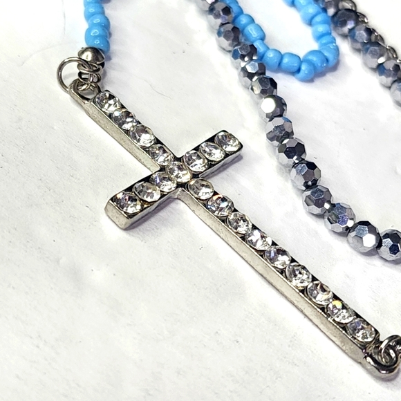 Silver Multi Chain Multi Media Cross Necklace and Earrings Set - Picture 6 of 9